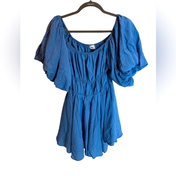 & Merci Sidney Blue Mini Ruffle Dress Size Large Cotton Boho Puffy Sleeve - Picture 1 of 3
